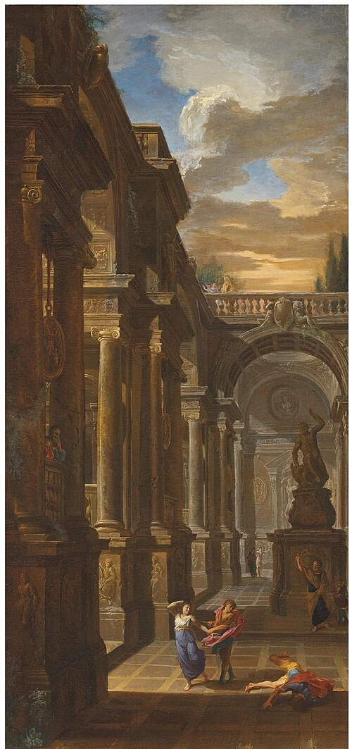 Un capriccio architettonico con la morte di Anania